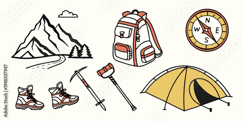 hiking and camping gear for outdoor adventures Vector
