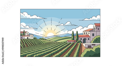 Sunny day over a European vineyard with rolling hills and distant buildings