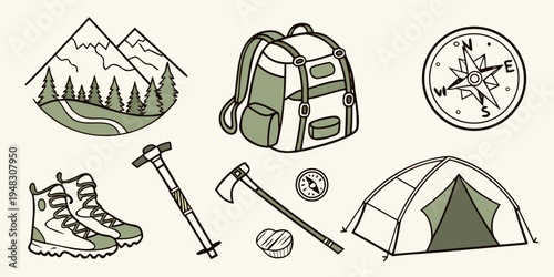 a collection of hiking and camping equipment Vector