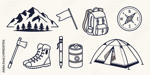 a collection of camping and hiking icons and objects Vector