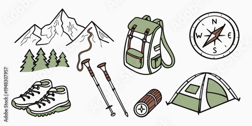 a collection of hiking and camping gear and supplies Vector