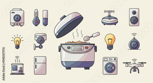 Assortment of colorful cartoon appliances and tech gadgets