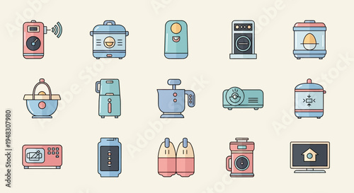 Collection of modern electronic gadgets and kitchen appliances in a flat design style
