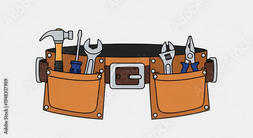 Brown leather tool belt with various tools in pockets on white background for diy and construction