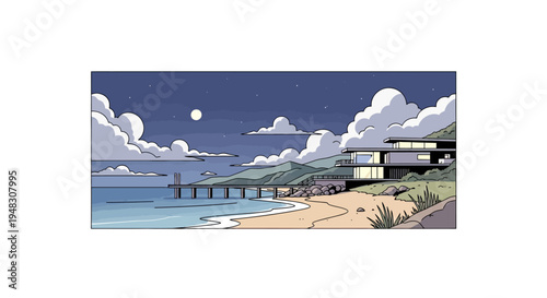 Modern home on cliff overlooking ocean and pier at night