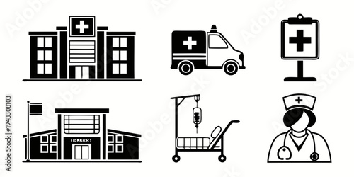 medical icons including hospital, ambulance, and nurse Vector