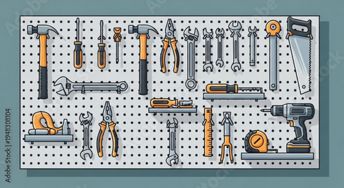 Variety of hand tools and equipment on a pegboard for diy projects and repairs