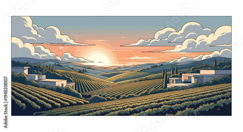 Sunset illuminates rolling hills covered in vineyards and modern homes