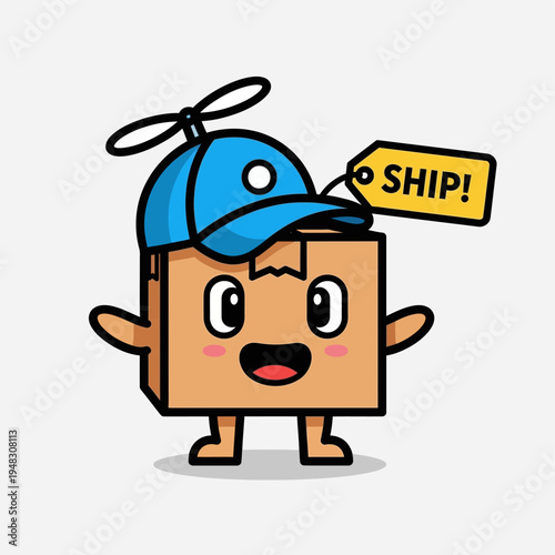 Cute cartoon delivery box character with propeller hat and ship tag.
