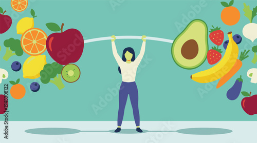 Woman lifting barbell made of fruits and vegetables, symbolizing healthy lifestyle