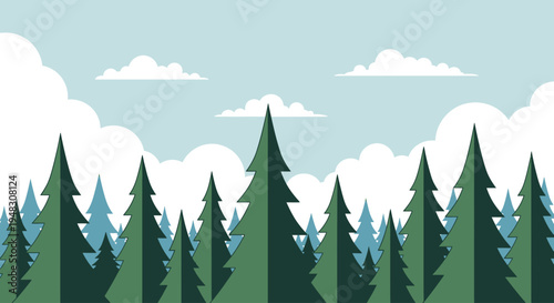 Stylized evergreen forest landscape with fluffy clouds under a pale blue sky