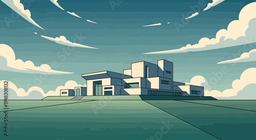 Modern concrete building with geometric shapes, set against a stylized sky with clouds