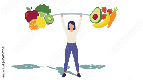 Woman lifting barbell loaded with healthy fruits and vegetables for fitness