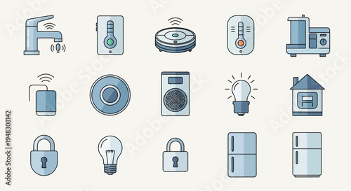 Collection of smart home devices, including a faucet, thermometer, robot vacuum, and appliances