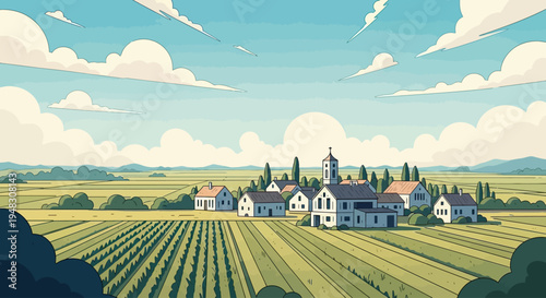 A quaint village rests amidst rolling green fields under a vast, cloudy sky