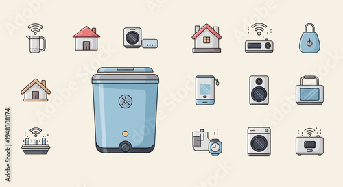 Assorted smart home devices and icons, featuring houses, appliances, and connectivity symbols