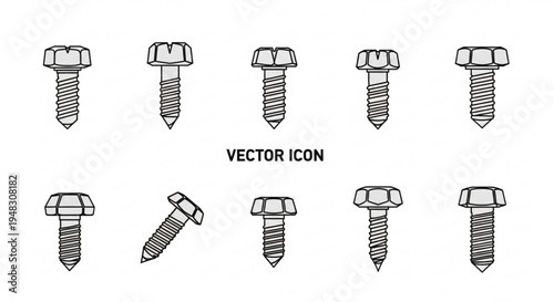 Detailed set of various screw vector icons in black and white for industrial and construction use