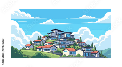 Modern homes cascade down a green hill under a vibrant, cloud-filled sky