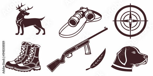 hunting icons including deer, rifle, and gear Vector