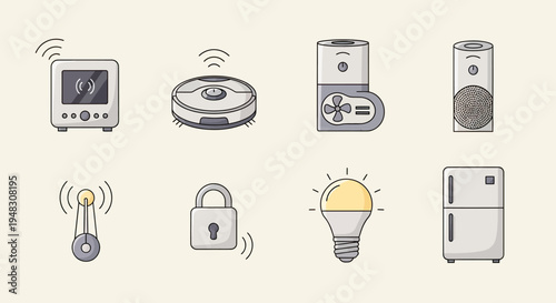 Collection of connected devices router, vacuum, speaker, fan, lock, bulb, fridge