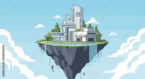 A floating island sanctuary with waterfalls and modern architecture