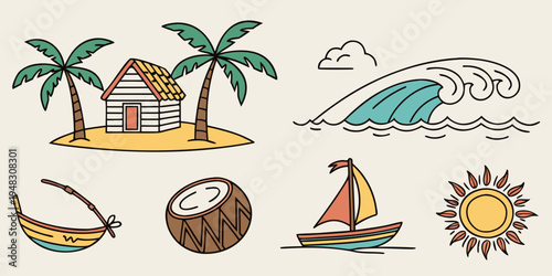 a set of tropical icons including a house, palm trees, wave, boat, coconut, and sun Vector