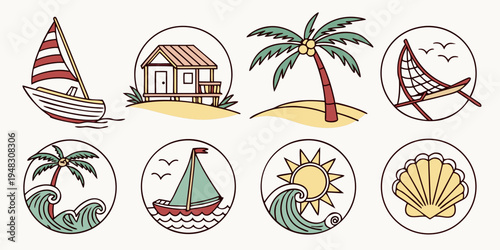a set of eight beach icons with palm trees and sailboats Vector