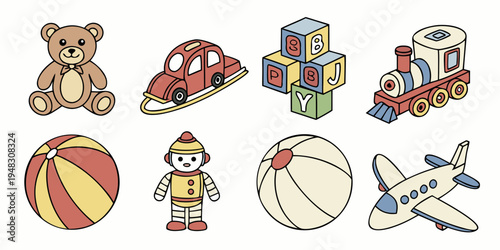 a collection of children's toys and transportation Vector