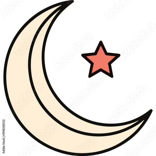 A cartoon crescent moon shines brightly with a red star