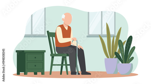 Elderly man sitting with cane in quiet room, retirement illustration