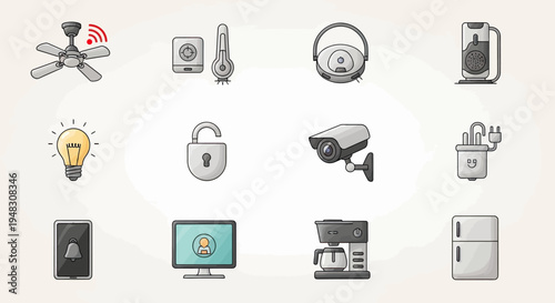 Smart home devices including a fan, thermometer, security camera, and refrigerator