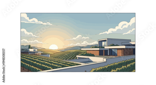 Modern architecture overlooks sprawling vineyard during a golden sunset