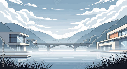 Modern lakeside residences flank a serene bridge crossing a tranquil water expanse