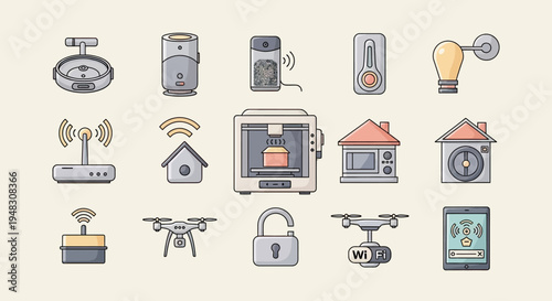 Flat icons of smart home technology and devices