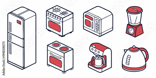 collection of kitchen appliances in red and white Vector