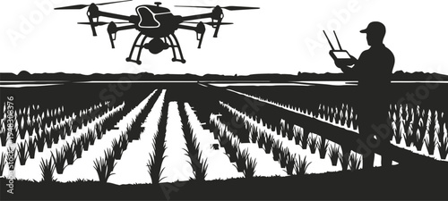 Flat silhouette vector of agricultural drone flying above rice field vector on Transparent Background.