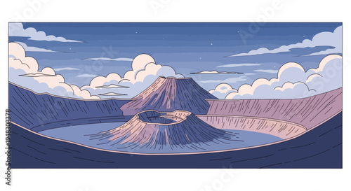 Twin volcanoes erupting under a starry, cloudy twilight sky