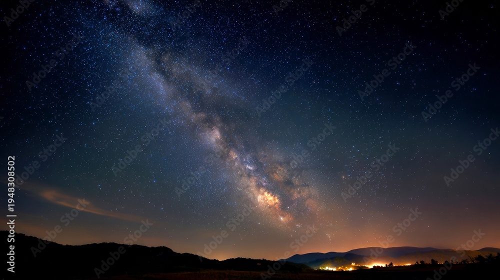 Obraz premium Starlit Horizon: Milky Way Over Mountain Silhouettes at Dusk