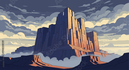 Majestic rock formations rise from misty canyons under a dramatic, cloudy sky