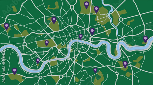 Stylized city map with river, roads, parks, and multiple location pins