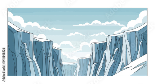 Jagged ice cliffs carved by nature, under a pale blue cloudy sky