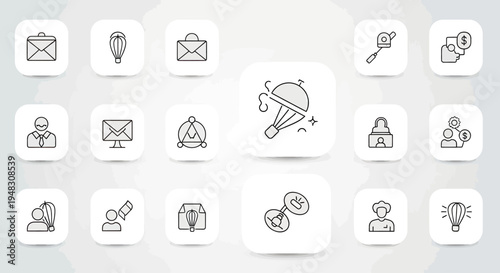 Various line icons representing business, communication, and concepts