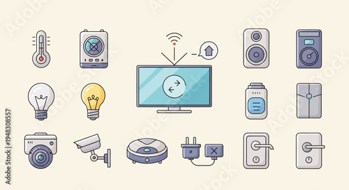 Collection of flat icons representing smart home devices (1)