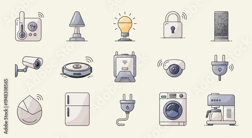 Collection of smart home device icons thermometer, lamp, bulb, lock, speaker, camera, robot vacuum, appliance, plug, water droplet