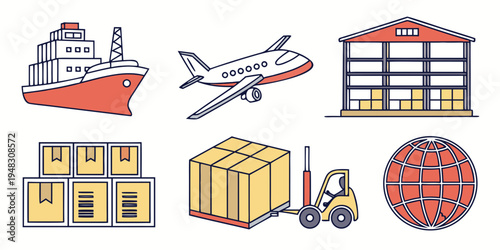 cargo ship airplane warehouse and other transportation logistics Vector