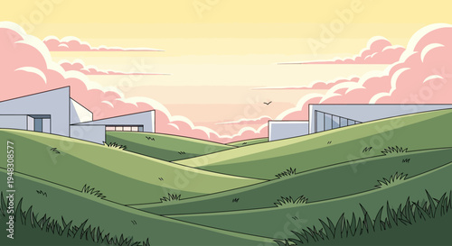 Modern houses nestled in rolling green hills under a pink and yellow sky