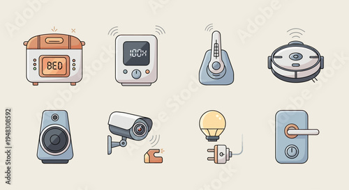 Smart home device icons digital alarm, thermometer, robot vacuum, speaker, camera, light, lock