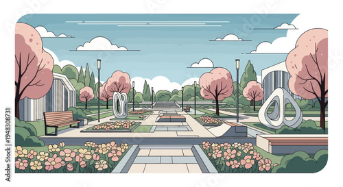Serene park with modern sculptures, trees, flowers, benches, and buildings