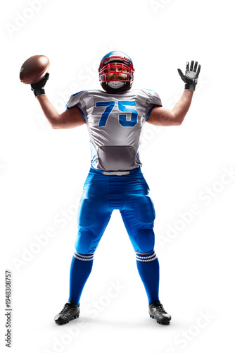 Sport victory. American Football player holding the ball in his hand. Joy in football. Sport. Isolated on white background