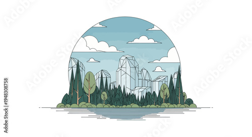 Geometric buildings rise behind a dense forest and calm water under sky